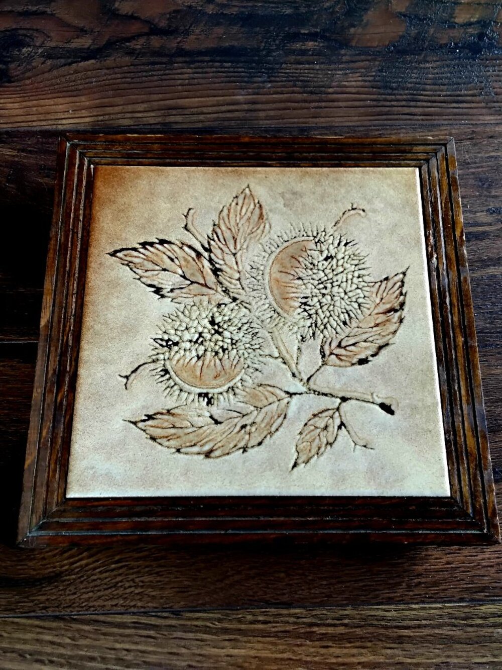 Vtg. Italian Ceramic Tile Trivet in Wood Frame by Mark Tawhensee Goala Farm. Ita